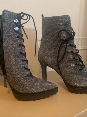 Michael Kors Black Silver Glitter Lace-Up Stiletto Ankle Boots